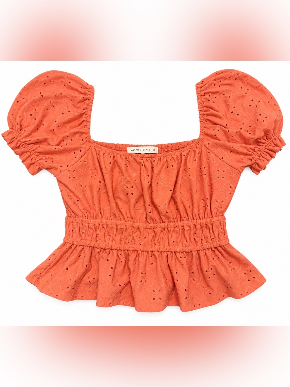 Altar’d State Women’s Medium Coral Eyelet Puff Sleeve Peplum Crop Top